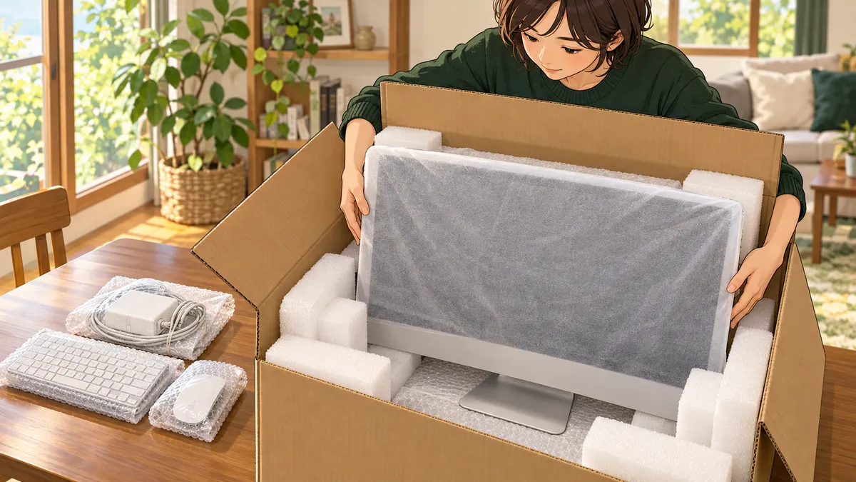 画面を保護した一体型Macを脚が下になる向きで箱へ入れ、キーボードと電源類を別に包んでいる様子