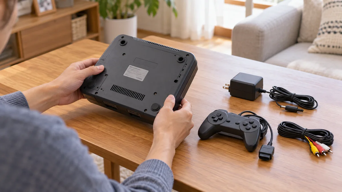 電源を抜いたゲーム機の型番ラベルと、別にまとめたコントローラーやケーブルを確認する手元