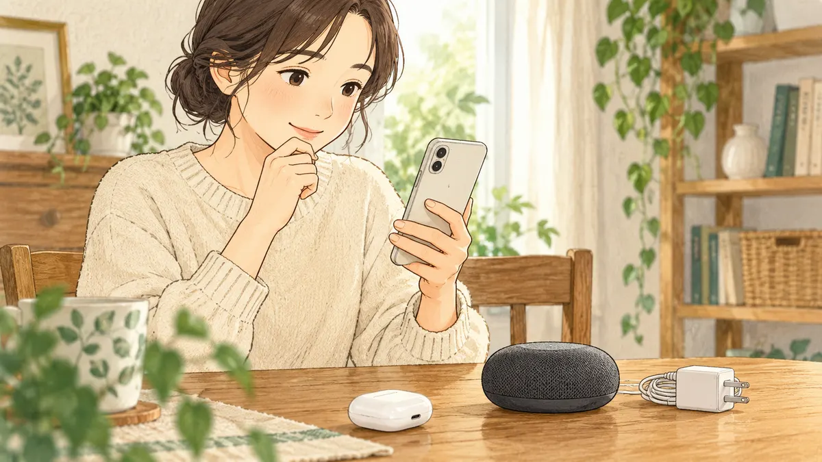 スマートスピーカーを机に置き、スマートフォンで登録情報を確認する様子