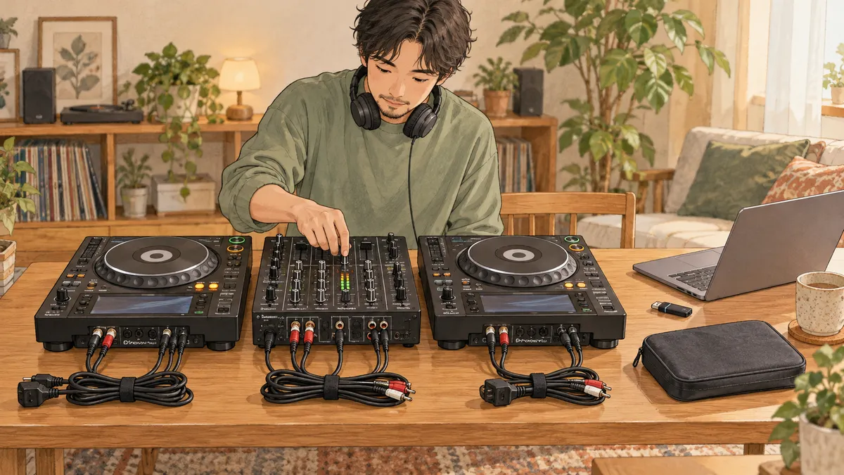 ミキサーと2台のDJプレーヤーを確かめ、自分のPCやUSBメモリーを機材と分ける様子
