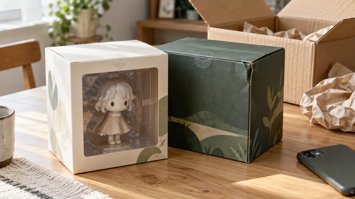 封印が残ったフィギュアの箱と、角に傷みのあるホビーの箱を並べた机