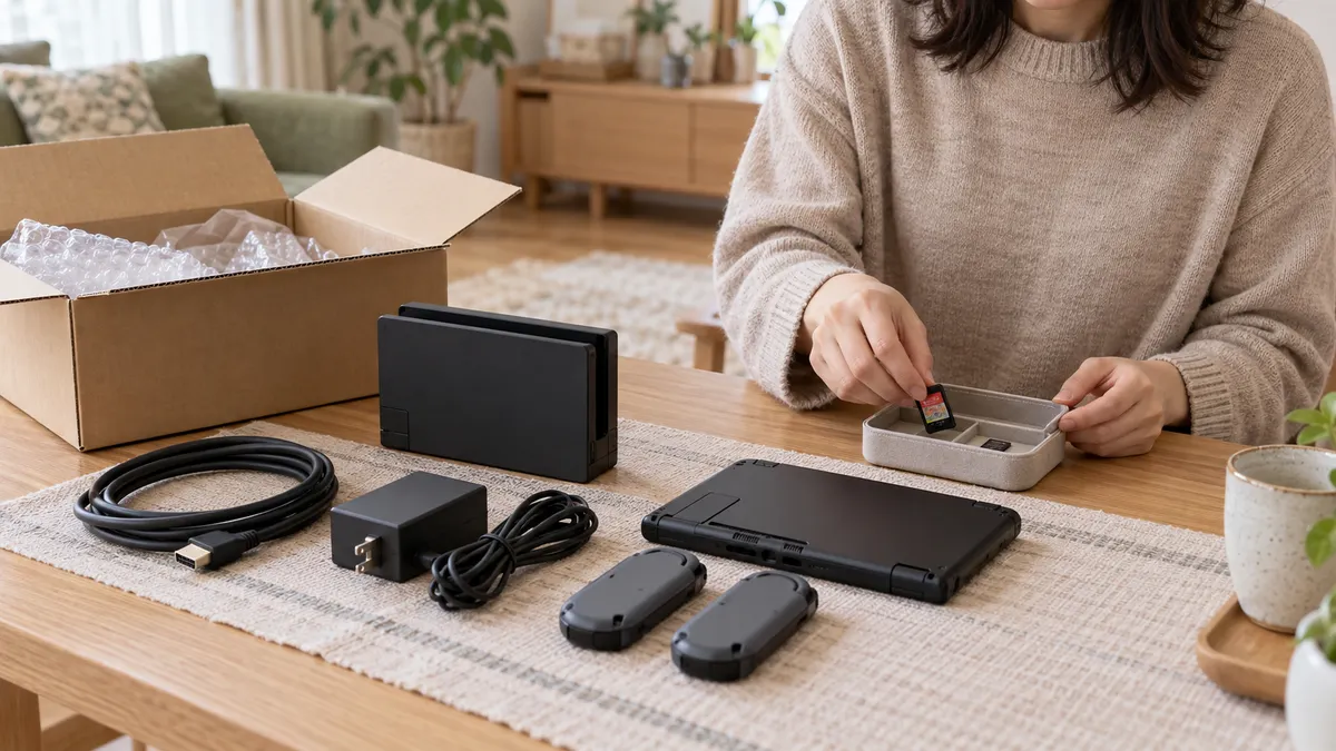 ゲーム機の本体と電源、コントローラーをそろえ、残すカードを発送箱と分ける様子