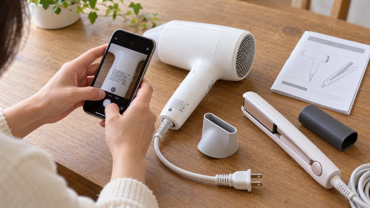 電源を抜いて冷ましたドライヤーの型番表示を撮り、ヘアアイロンやノズルをそろえる様子