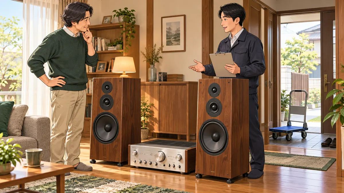 大きなスピーカーとアンプを動かさず、自宅で査定担当者と品物や搬出について相談している場面