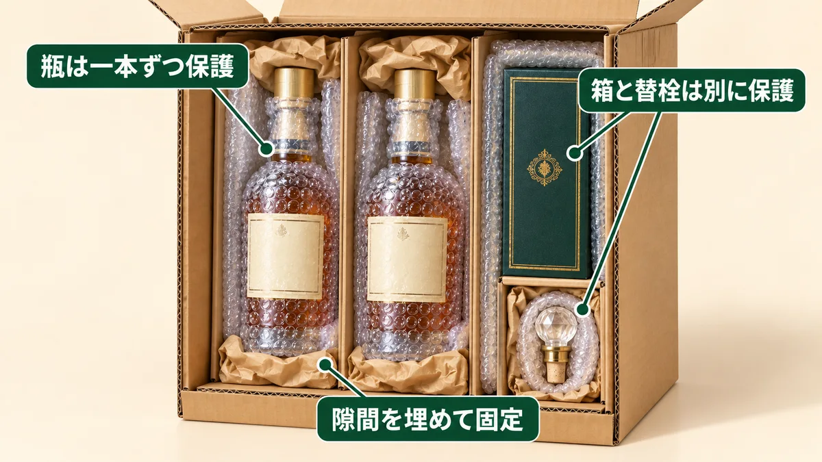 個別に緩衝材で保護した瓶を仕切りの中へ立て、化粧箱と替栓も別に保護する箱内配置の例