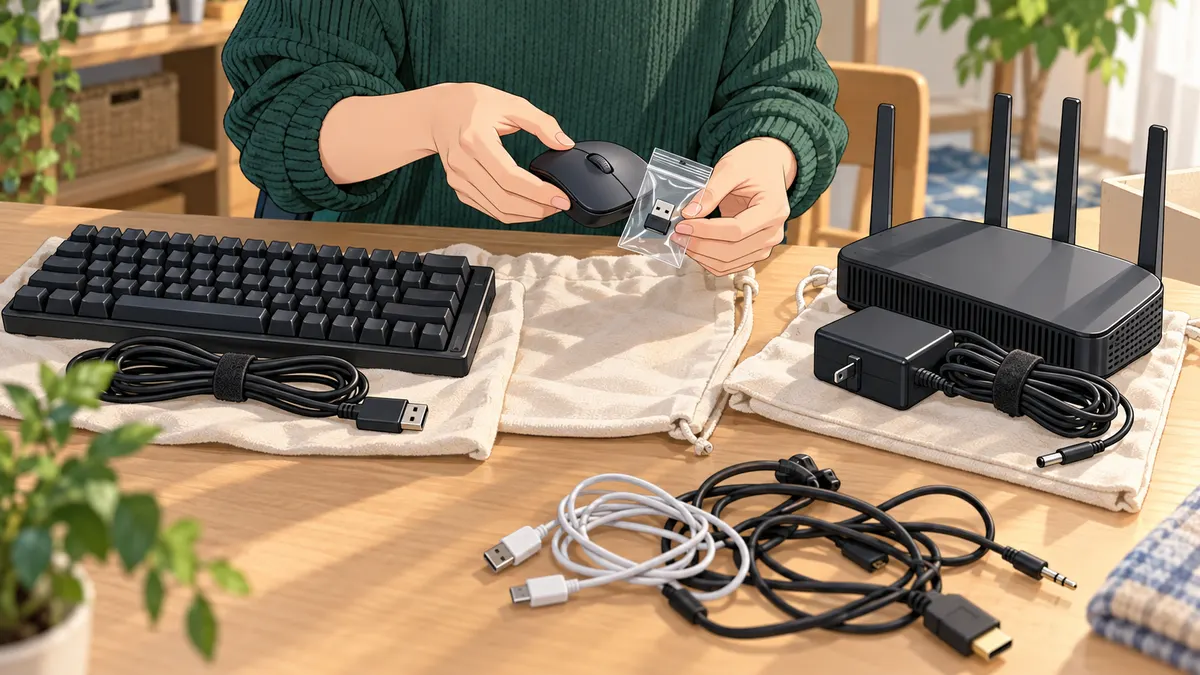 ワイヤレスマウスと小さなUSB受信機、キーボードとケーブル、ルーターと電源をそれぞれ組にする様子