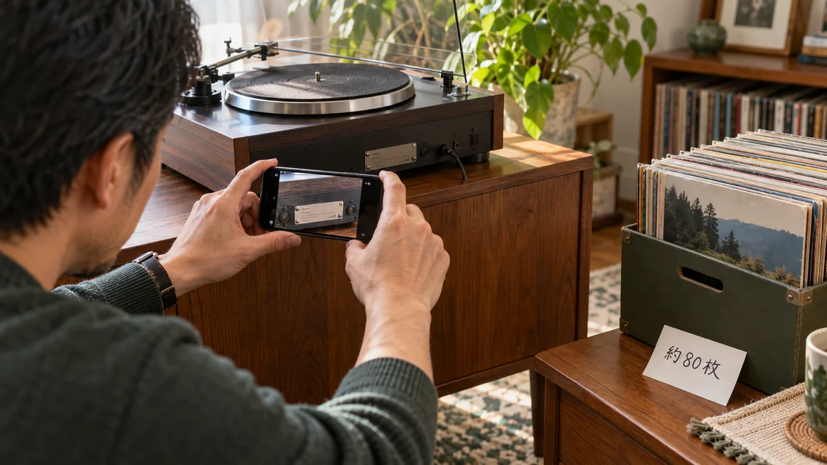 レコードプレーヤーの型番をスマートフォンで撮り、盤の箱へ枚数のメモを添える様子