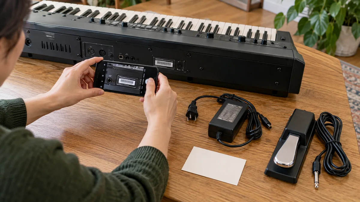 電源を抜いたシンセサイザーの型番を撮影し、対応するACアダプターとペダルをそろえる様子